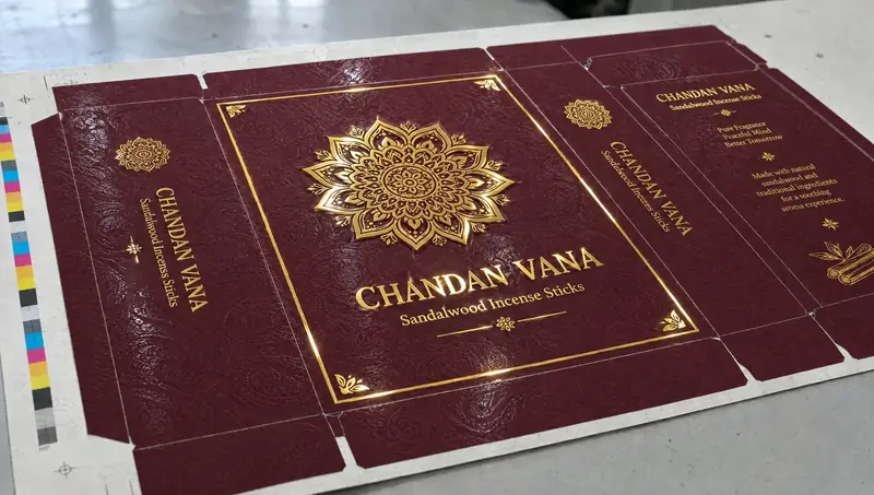 The printed sheet after gold hot foil, embossing and spot UV