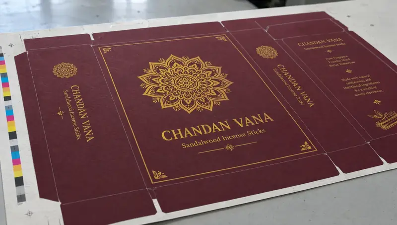 The same sheet offset-printed in maroon with a mustard mandala and the brand name